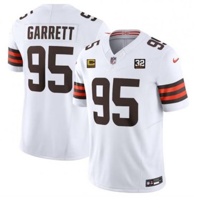 Men Cleveland Browns 95 Myles Garrett White 2023 F U S E  With 4 Star C Patch And Jim Brown Memorial Patch Vapor Untouchable Limited Stitched Jersey