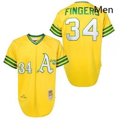 Mens Mitchell and Ness Oakland Athletics 34 Rollie Fingers Replica Gold Throwback MLB Jersey