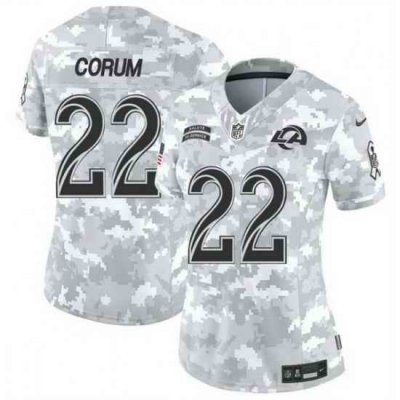 Women Los Angeles Rams 22 Blake Corum 2024 F U S E Arctic Camo Salute To Service Limited Stitched Football Jersey