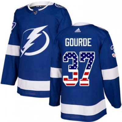 Mens Adidas Tampa Bay Lightning 37 Yanni Gourde Authentic Blue USA Flag Fashion NHL Jersey