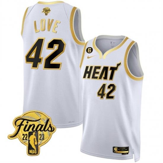 Men Miami Heat 42 Kevin Love White Gold Edition 2023 Finals Collection With NO 6 Patch Stitched Basketball Jersey