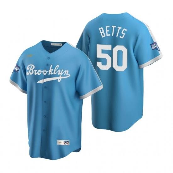 Men Brooklyn Los Angeles Dodgers 50 Mookie Betts Light Blue 2020 World Series Champions CooperstoWn Collection Jersey