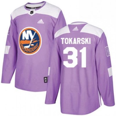 Mens Adidas New York Islanders 31 Dustin Tokarski Authentic Purple Fights Cancer Practice NHL Jersey