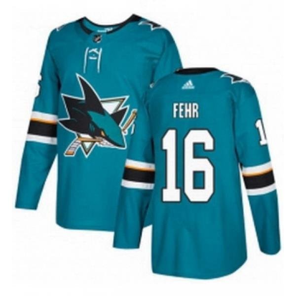 Mens Adidas San Jose Sharks 16 Eric Fehr Authentic Teal Green Home NHL Jerse