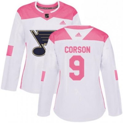 Womens Adidas St Louis Blues 9 Shayne Corson Authentic WhitePink Fashion NHL Jersey