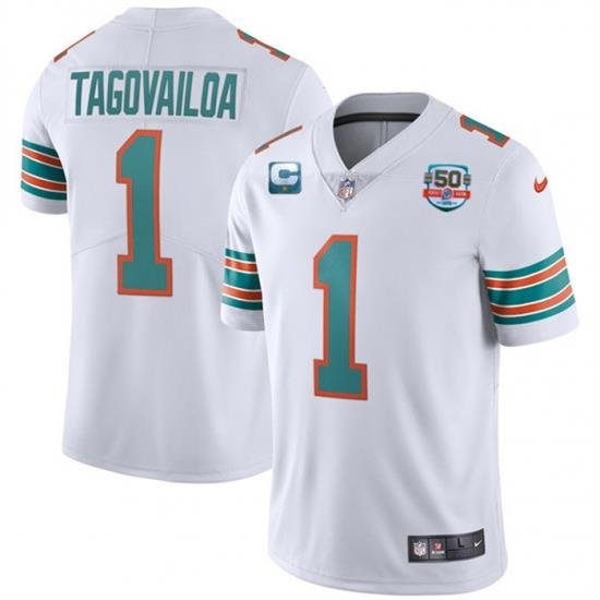 Men Miami Dolphins 1 Tua Tagovailoa 2022 Aqua With 50th Perfect Season C Patch Limited Stitched Jersey