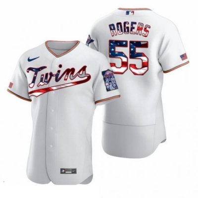 Men Minnesota TWins 55 Taylor Rogers Men Nike White Fluttering USA Flag Limited Edition Flex Base MLB Jersey