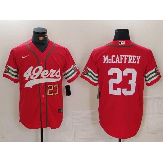 Men San Francisco 49ers 23 Christian McCaffrey Red With Patch Cool Base Stitched Baseball Jersey 2