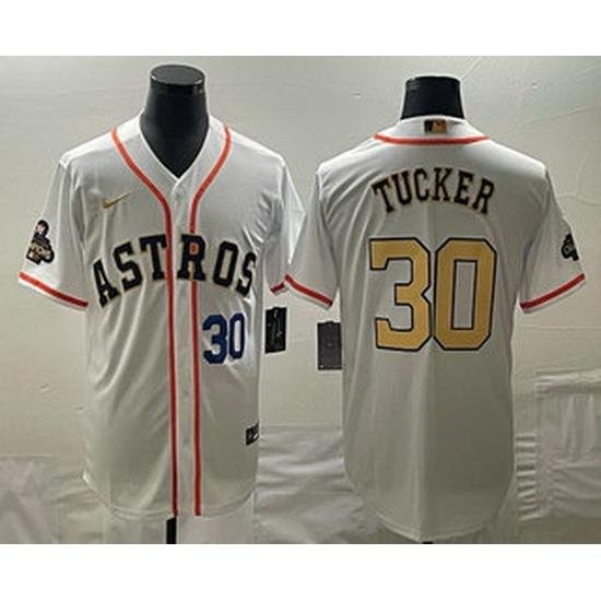 Men's Houston Astros #30 Kyle Tucker Number 2023 White Gold World Serise Champions Patch Cool Base Stitched Jersey