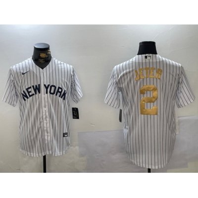 Men New York Yankees 2 Derek Jeter White Pinstripe Fashion Cool Base Jersey 1