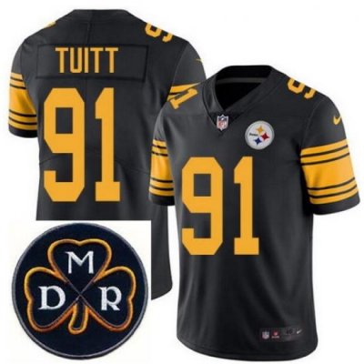 Men's Nike Pittsburgh Steelers #91 Stephon Tuitt Elite Black Rush NFL MDR Dan Rooney Patch Jersey