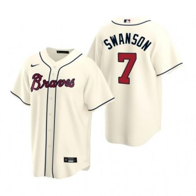 Mens Nike Atlanta Braves 7 Dansby SWanson Cream Alternate Stitched Baseball Jerse