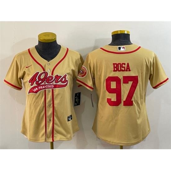 Women San Francisco 49ers 97 Nick Bosa Gold With Patch Cool Base Stitched Baseball Jersey