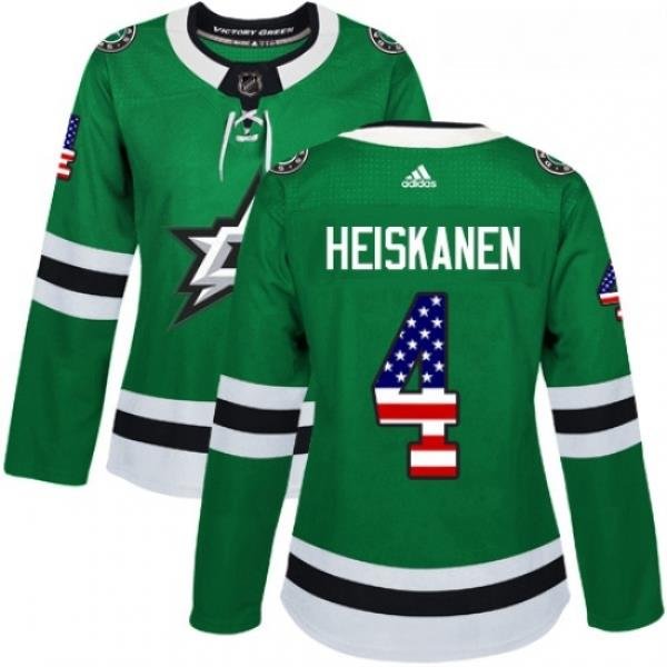 Womens Adidas Dallas Stars 4 Miro Heiskanen Authentic Green USA Flag Fashion NHL Jersey