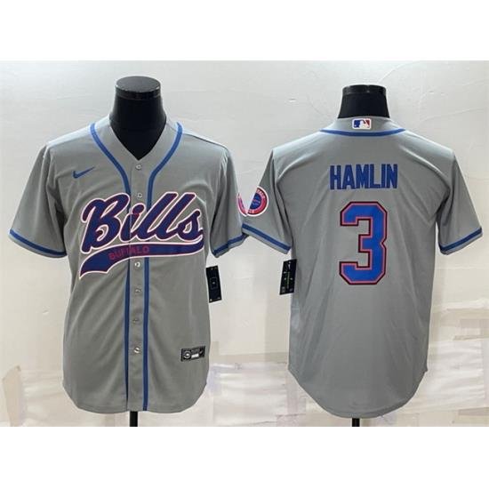 Men Buffalo Bills 3 Damar Hamlin Gray With Patch Cool Base Stitched Baseball Jersey