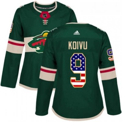 Womens Adidas Minnesota Wild 9 Mikko Koivu Authentic Green USA Flag Fashion NHL Jersey