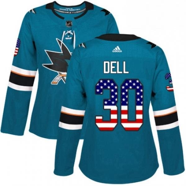 Womens Adidas San Jose Sharks 30 Aaron Dell Authentic Teal Green USA Flag Fashion NHL Jersey