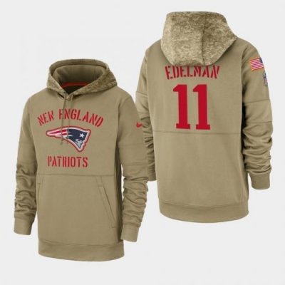 Mens New England Patriots 11 Julian Edelman 2019 Salute to Service Sideline Therma Pullover Hoodie Tan