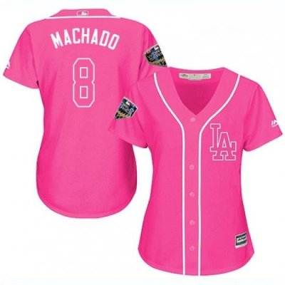 Womens Majestic Los Angeles Dodgers 8 Manny Machado Authentic Pink Fashion Cool Base 2018 World Series MLB Jerseysey