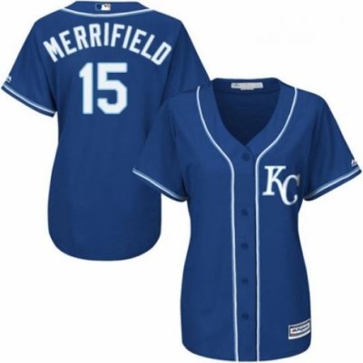 Womens Majestic Kansas City Royals 15 Whit Merrifield Replica Blue Alternate 2 Cool Base MLB Jersey