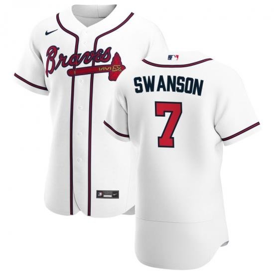 Men Atlanta Braves 7 Dansby SWanson Men Nike White Home 2020 Flex Base Player MLB Jersey