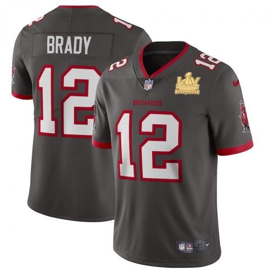 Men Tampa Bay Buccaneers 12 Tom Brady Men Super Bowl LV Champions Patch Nike Pewter Alternate Vapor Limited Jersey