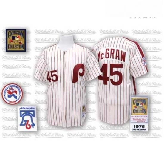 Mens Mitchell and Ness Philadelphia Phillies 45 Tug McGraw Replica WhiteRed Strip Throwback MLB Jersey