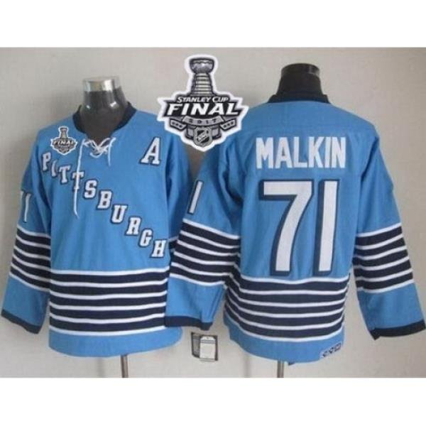 Penguins #71 Evgeni Malkin Light Blue CCM Throwback 2017 Stanley Cup Final Patch Stitched NHL Jersey