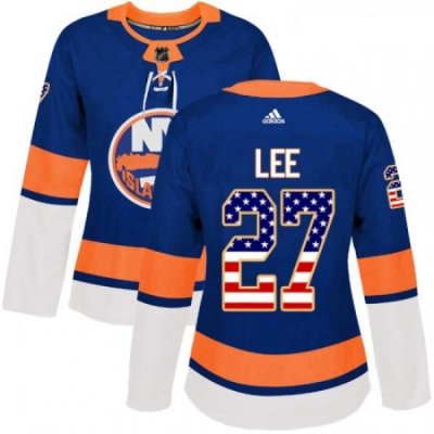 Womens Adidas New York Islanders 27 Anders Lee Authentic Royal Blue USA Flag Fashion NHL Jersey