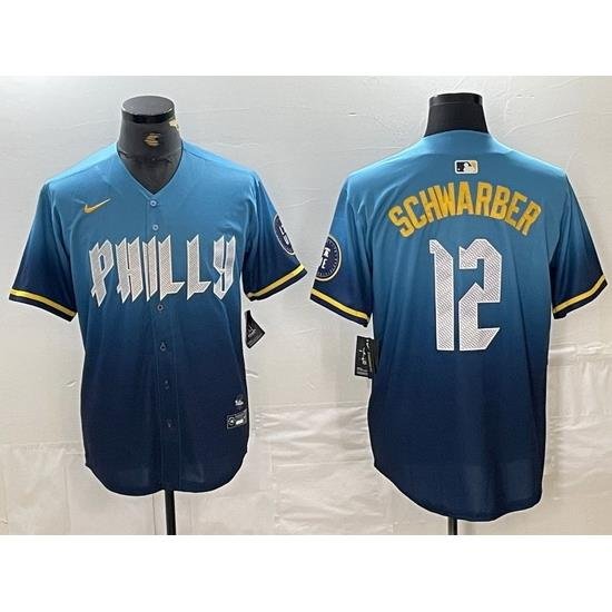 Men Philadelphia Phillies 12 Kyle SchWarber Blue 2024 City Connect Limited Stitched Jersey 5