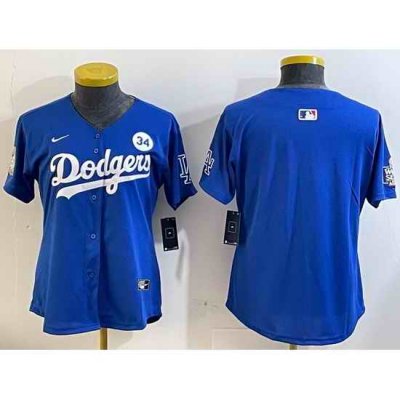 Women Los Angeles Dodgers Blank Blue 2024 World Series With No  34 Patch Home Limited Stitched Baseball Jersey  5