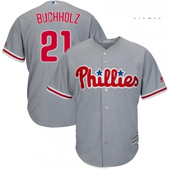 Mens Majestic Philadelphia Phillies 21 Clay Buchholz Replica Grey Road Cool Base MLB Jersey