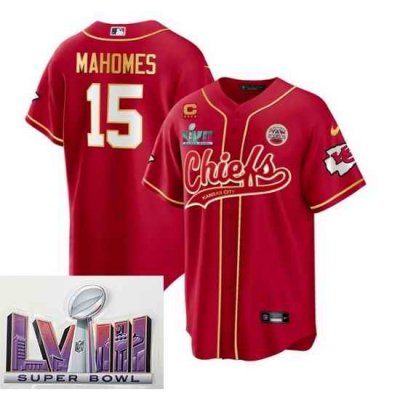 Men Kansas City Chiefs 15 Patrick Mahomes Red With 4 Star C Patch And Super Bowl LVIII Patch Cool Bae Stitched Baseball Jersey