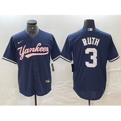 Men NeW York Yankees 3 Babe Ruth Navy Cool Base Stitched Baseball Jersey