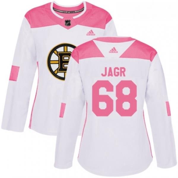 Womens Adidas Boston Bruins 68 Jaromir Jagr Authentic WhitePink Fashion NHL Jersey