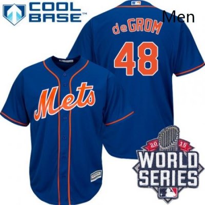 Mens Majestic NeW York Mets 48 Jacob deGrom Replica Royal Blue Alternate Home Cool Base 2015 World Series MLB Jersey