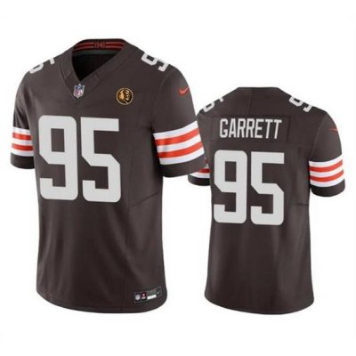 Men Cleveland Browns 95 Myles Garrett Brown 2023 F U S E  With John Madden Patch Vapor Limited Stitched Football Jersey