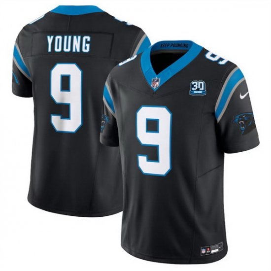 Men Carolina Panthers 9 Bryce Young Black 2024 30th Anniversary Patch F U S E  Vapor Limited Stitched Football Jersey