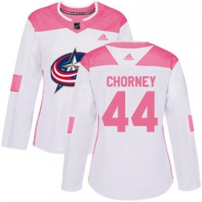 Womens Adidas Columbus Blue Jackets 44 Taylor Chorney Authentic White Pink Fashion NHL Jersey