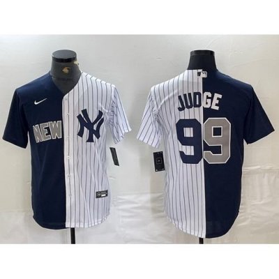 Men NeW York Yankees 99 Aaron Judge Navy White Split Stitched Baseball Jersey