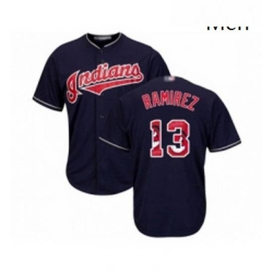 Mens Cleveland Indians 13 Hanley Ramirez Authentic Navy Blue Team Logo Fashion Cool Base Baseball Jersey