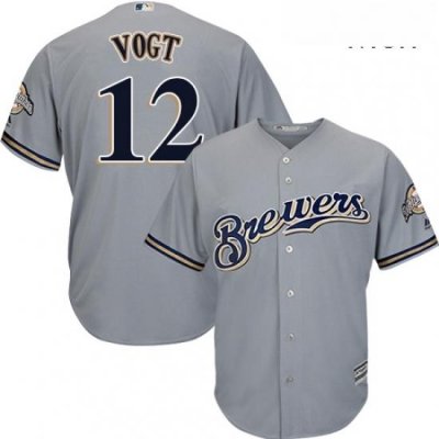 Mens Majestic Milwaukee Brewers 12 Stephen Vogt Replica Grey Road Cool Base MLB Jersey