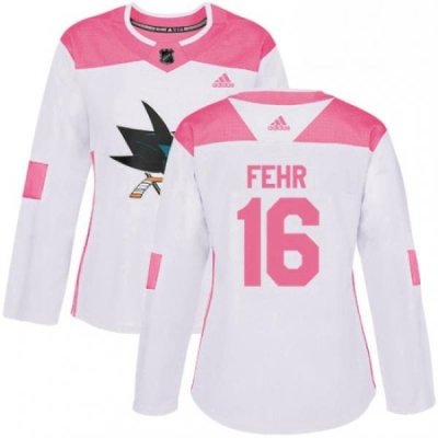 Womens Adidas San Jose Sharks 16 Eric Fehr Authentic White Pink Fashion NHL Jersey