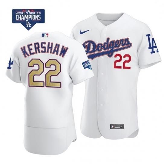 Men Los Angeles Dodgers Clayton KershaW 22 Gold Program Designed Edition White Flex Base Stitched Jersey