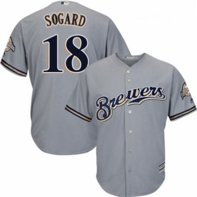 Youth Majestic Milwaukee Brewers 18 Eric Sogard Replica Grey Road Cool Base MLB Jersey