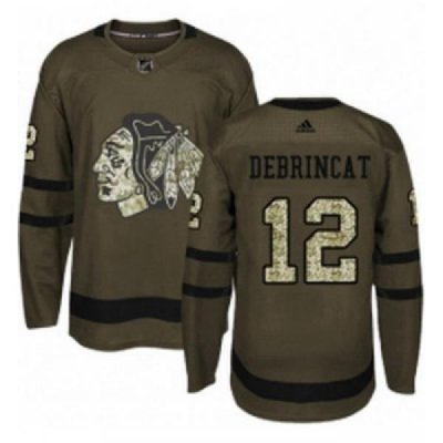 Youth Adidas Chicago Blackhawks 12 Alex DeBrincat Authentic Green Salute to Service NHL Jersey