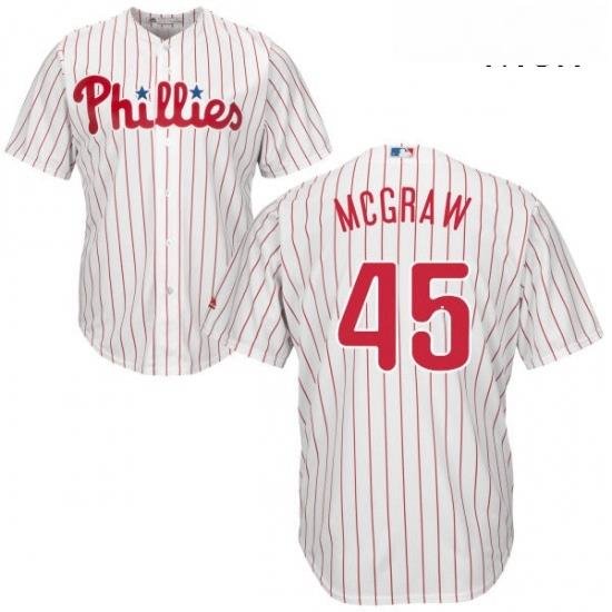 Mens Majestic Philadelphia Phillies 45 Tug McGraw Replica WhiteRed Strip Home Cool Base MLB Jersey