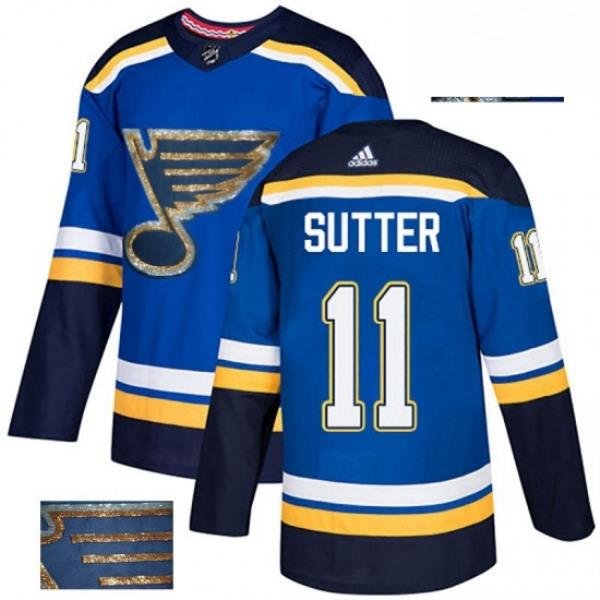 Mens Adidas St Louis Blues 11 Brian Sutter Authentic Royal Blue Fashion Gold NHL Jersey