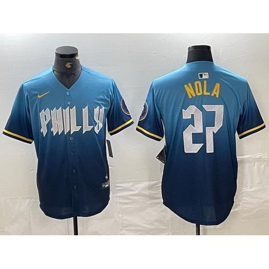 Men Philadelphia Phillies 27 Aaron Nola Blue 2024 City Connect Limited Stitched Baseball Jersey 2