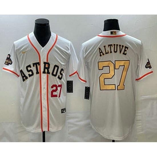 Mens Houston Astros #27 Jose Altuve Number 2023 White Gold World Serise Champions Patch Cool Base Stitched Jersey